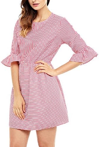 Qlassic Women's Elegant Casual O-Neck Stripe Flounce 3/4 Sleeve Seersucker Dress L