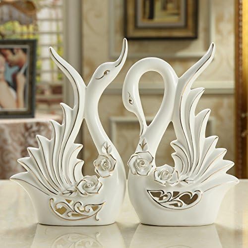 FUCHEN Simple Modern Style Creative Ceramic Decorations Home Furnishing Swan Lovers Lattice Window Ornaments Gifts Personality Tv Cabinet,White Flowers, Swans, One Pair