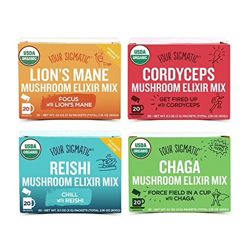 Four Sigmatic Organic Mushroom Elixir Mix - 4 Pack Variety with Cordyceps, Reishi, Chaga and Lion s Mane (4 Boxes, 20 Packets Each)