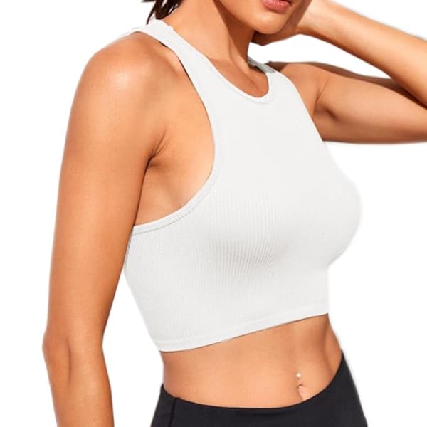 MISDENK WOMENS RIBBED CROP TOP SLEEVELESS BASIC WORKOUT TANK TOPS FITNESS SPORT RUNNING YOGA SHIRTS TOPS NO PADDING(WHITE,M)