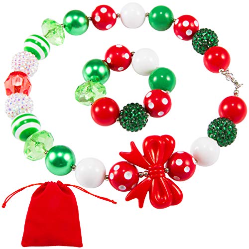 Madholly 2 Pcs Stretch Christmas Beaded Bracelet Necklace Set- Kids Holiday Festive Jewelry Set with Red White and Green Xmas Theme Beads for Children Girls Women Fun Christmas Gifts Present - Thumbnail 6