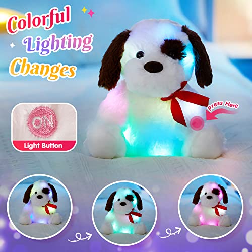 BSTAOFY 12'' Light up Puppy Stuffed Animal Glow Dog Plush Toy with Bow