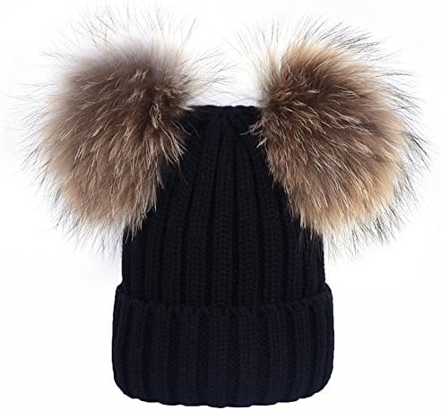 Women Winter Knitted Beanie Hats Real Raccoon Fur Pom Pom Hats Caps Soft (Black 2)