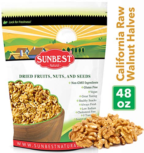 Sunbest Natural California Walnuts, Halved, Raw, Shelled, Non-GMO, Vegan, Kosher, 3 Lbs.