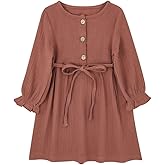 GLIGLITTR Toddler Baby Girl Cotton Linen Dress Long Sleeve Crew Neck Dresses Button Down Dresses Casual Spring Fall Dress