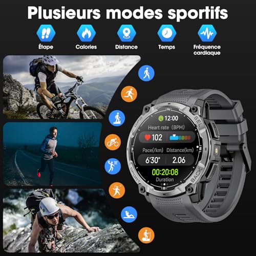 Men's Military GPS Smart Watch, 1.43 Inch AMOLED HD Smartwatch with Bluetooth Call, LED Light, Compass, 100+ Sports Modes, Heart Rate, Sports Watch for Android iOS (Black)