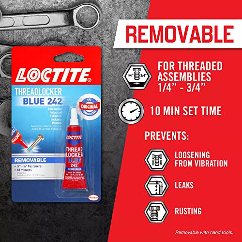 Loctite Threadlocker Blue 242 - Removable Thread Lock Glue for Nuts, Bolts, & Fasteners, Medium Strength Screw Glue to Prevent Loosening & Corrosion - 6 ml, 1 Pack