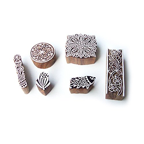 Fish and Square Hand Carved Motif Wooden Stamps for Printing (Set of 6)