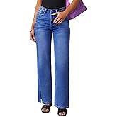 KDF Straight Leg Jeans for Women High Waisted Jeans Frayed Baggy Pants Raw Hem Loose Stretchy Cropped Wide Leg Jeans