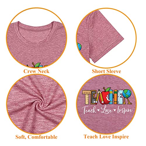 Women Teacher T-Shirt Teach Love Inspire Letter Print Shirts Brick Red