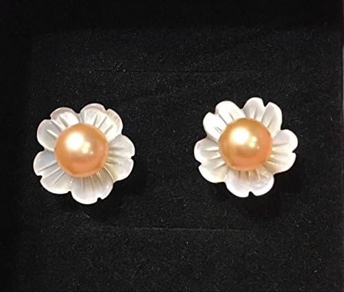 QQZEAL five petals vivid carved Exquisite White Lip Shell Flower,White Mother of Pearl with freshwater pearl and sterling silver earing studs (12mm, 5A grade white five petals with pink pearl bead)