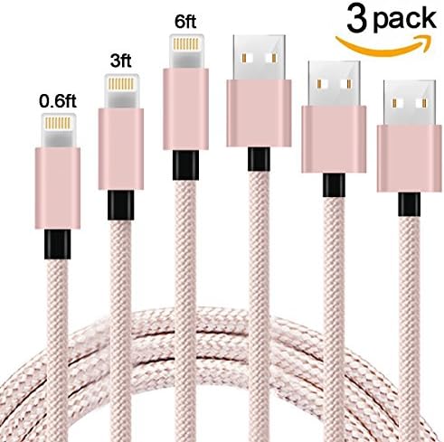iPhone Charger-[3 Pack 0.6/3/6(Ft)] Nylon Braided Lightning Cable USB Charger for iPhone 7/7 Plus,6S/6S Plus,5/5S/SE,iPad 9.7,Mini1/2/3,Air/Air,iPad Pro,iPod (Pink/Gray)