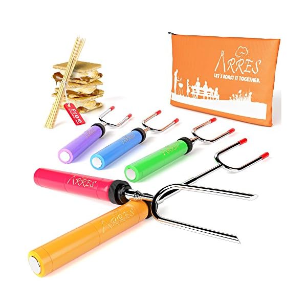 Marshmallow-Roasting-Sticks-kit-Telescoping-Stainless-Steel-Cookware-Set-Forks-for-Smores–Best-Camping-Accessories-for-Kids-over-campfire-Hot-Dog-Fire-Pit-Cooking-BONUS-Bag-10-Bamboo-skewers