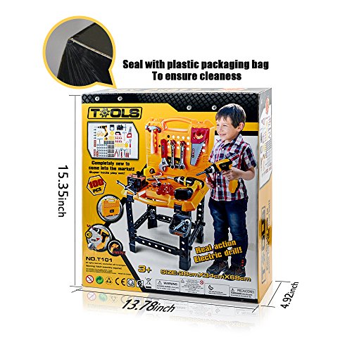 Toy Choi's 100 Pieces kids Power Workbench with Realistic Tools and Electric Drill, STEM Kids Building Construction Tools Set