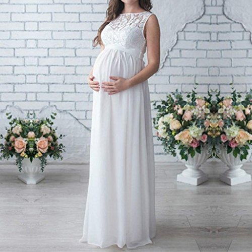 ManxiVoo Pregnant Women Lace Long Maxi Dress Sleevess Maternity Gown Photography Props Clothes (XXL, White) - Thumbnail 3