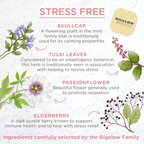 Bigelow Benefits Stress Free Rose & Mint Herbal Tea, Caffeine Free, 18