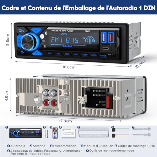 RDS Bluetooth Car Radio, CENXINY Bluetooth Car Radio with Type-C Charging Port, LED Lighting, FM 1 Din Car Radio with 7 Coloured Lights/2 USB/AUX/SD/MP3 Players