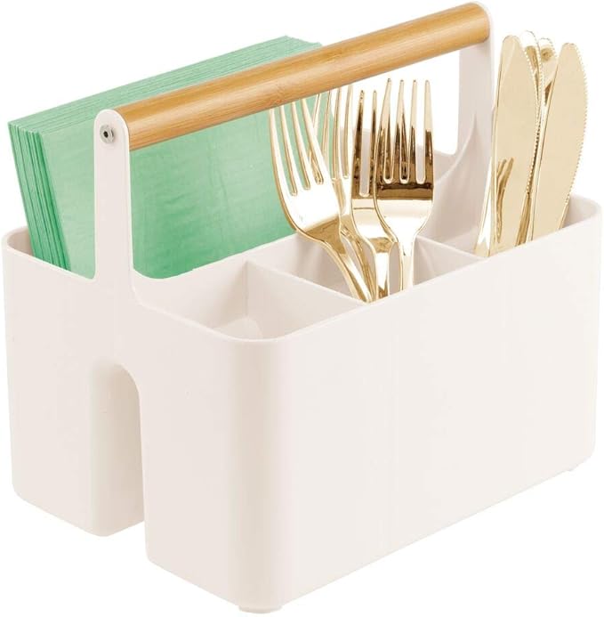 mDesign Cutlery Holder Plastic Storage Basket with a Wooden Handle