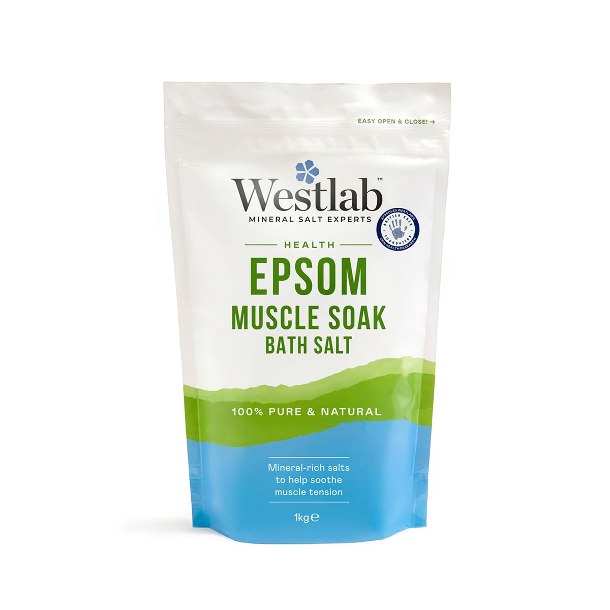 Westlab - Reviving Epsom Salt - 1kg Resealable Pouch - 100% Natural, Pure & Unscented Mineral Salts - Supports Sleep and Relieves Aching Muscles