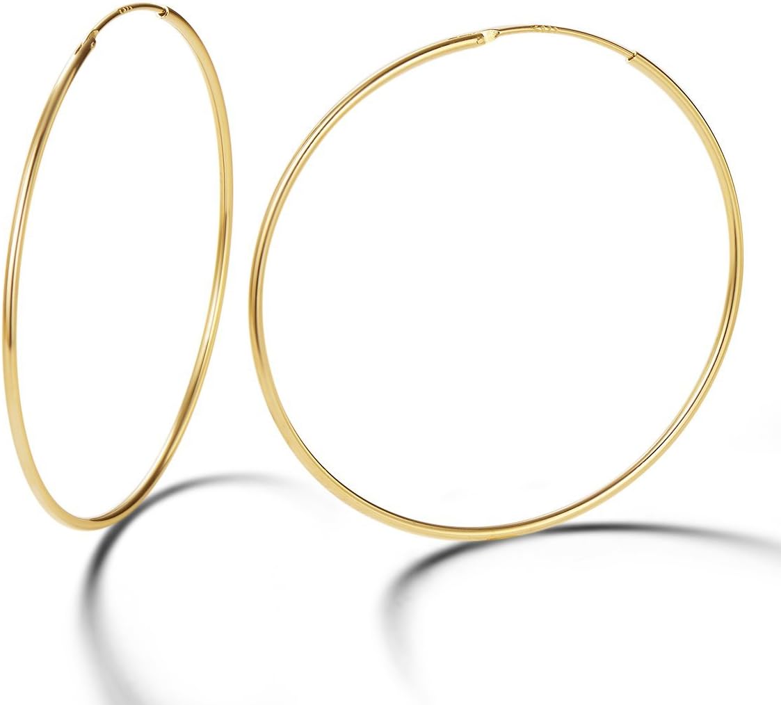 14K Yellow Gold Plated 925 Sterling Silver Dainty Thin huggie Piercing Big Extra Large Endless Hoop Earrings Everyday Fine Jewelry Gifts for Women Girls，Size 40 50 60 70mm