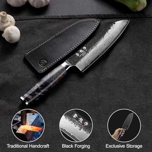 Japanese Chef Knife with VG10 Core, 7'' Razor Sharp Hand Forged Damascus Santoku Knife for Home & Professional Chefs, Kitchen Knives with Leather Sheath & Gift Box, Fathers Day Gift for Dad Husband