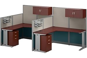 Bush Business Furniture Office in an Hour L Shaped Cubicle Desks with Storage, Drawers, and Organizers | Double Workstation Set with Privacy Panels for Commercial Workspace, 2 Person, Hansen Cherry