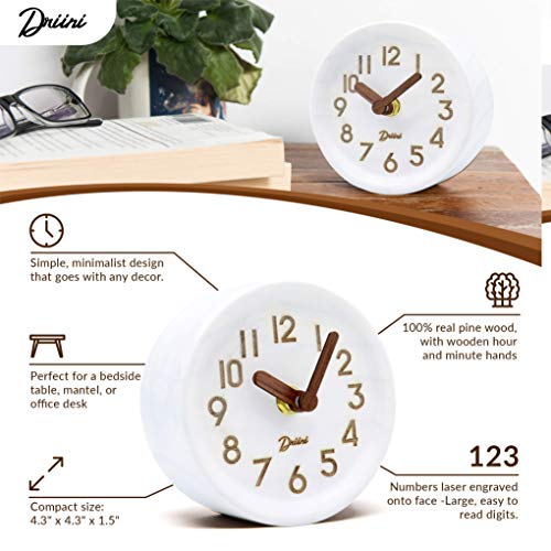 image for Driini Wooden Desk & Table Analog Clock Made of Genuine Pine (White) -