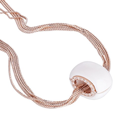 Janeo Designer Oval Barrel Pendant Necklace, 14K Rose Gold & Ivory Resin, 5 Flat Chains, Swarovski Crystal Contour. Haute Couture Style, Contemporary Fine Neck Jewellery. Prefect Gift Style.Sale Price