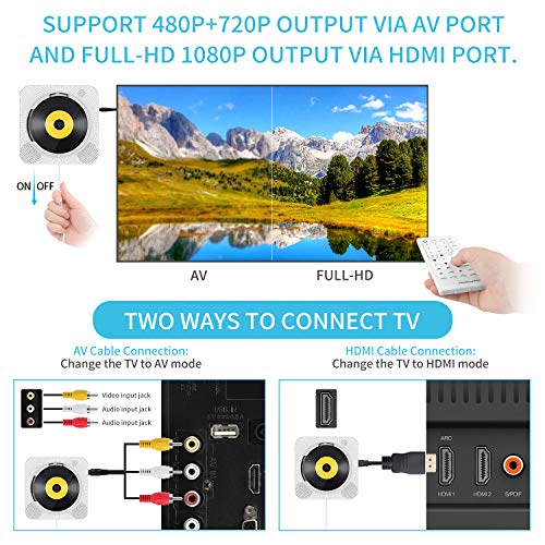 Portable CD/DVD Player with Bluetooth, Wall Mountable CD DVD Player HDMI Built-in HiFi Speakers with Remote for TV, Music Player Support FM Radio USB SD Card AV Jack 3.5mm Headphone Jack - Thumbnail 4