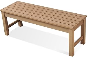 EFURDEN Outdoor Bench, 2-Person Outdoor Dining Bench, Backless Poly Lumber Garden Bench, All Weather Bench Suitable for Patio and Garden, Teak Color