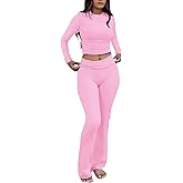 ZFLM Casual Workout Two Piece Outfits Long Sleeve High Waist Fold-Over Flared Leggings Pants Tracksuit Sets Streetwear