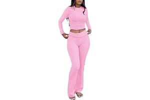 ZFLM Casual Workout Two Piece Outfits Long Sleeve High Waist Fold-Over Flared Leggings Pants Tracksuit Sets Streetwear