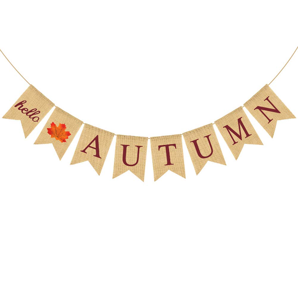 Weforu HELLO AUTUMN Burlap Banner Linen Garland Hanging Banner Bunting for Party Autumn Decorations