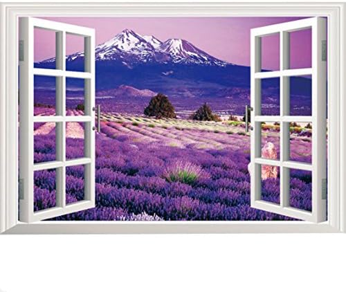 3D Lavender Flowers Fake windows Wall Stickers Removable Faux Windows Wall Decal For Livingroom bedroom (lavender 23.6x35.4 inch)