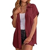 MaQiYa Womens Short Sleeve Button Down Shirts Casual Loose Fit Summer Shirt Blouses Tops with Pockets
