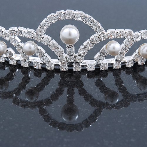 Princess Bridal/ Wedding/ Prom Rhodium Plated Austrian Crystal White Simulated Glass Pearl Tiara