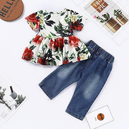 Girls Floral Shirt,SMALLE◕‿◕ 2019 Baby Girls Floral Dress Tops+Hole Denim Jean Kids Clothes Sets White