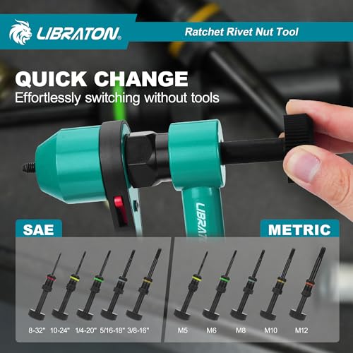 LIBRATON Rivet Nut Tool Kit, Rivnut Tool, Professional Ratchet Rivet Nut Tool, Ratcheting Riv Nut Tool with 10 SAE and Metric Mandrels, 100PCS Rivet Nuts, Rugged Carry Case, Nutsert Kit for Automotive