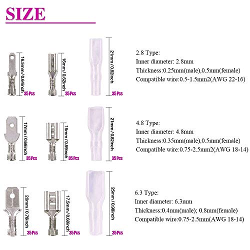 ManYee 315pcs 2.8/4.8/6.3mm Male Female Spade Connectors for Car Audio Speaker Wire Crimp Terminals Spade Electrical Connector Kit with Insulating Sleeve Quick Wire Splice Terminal