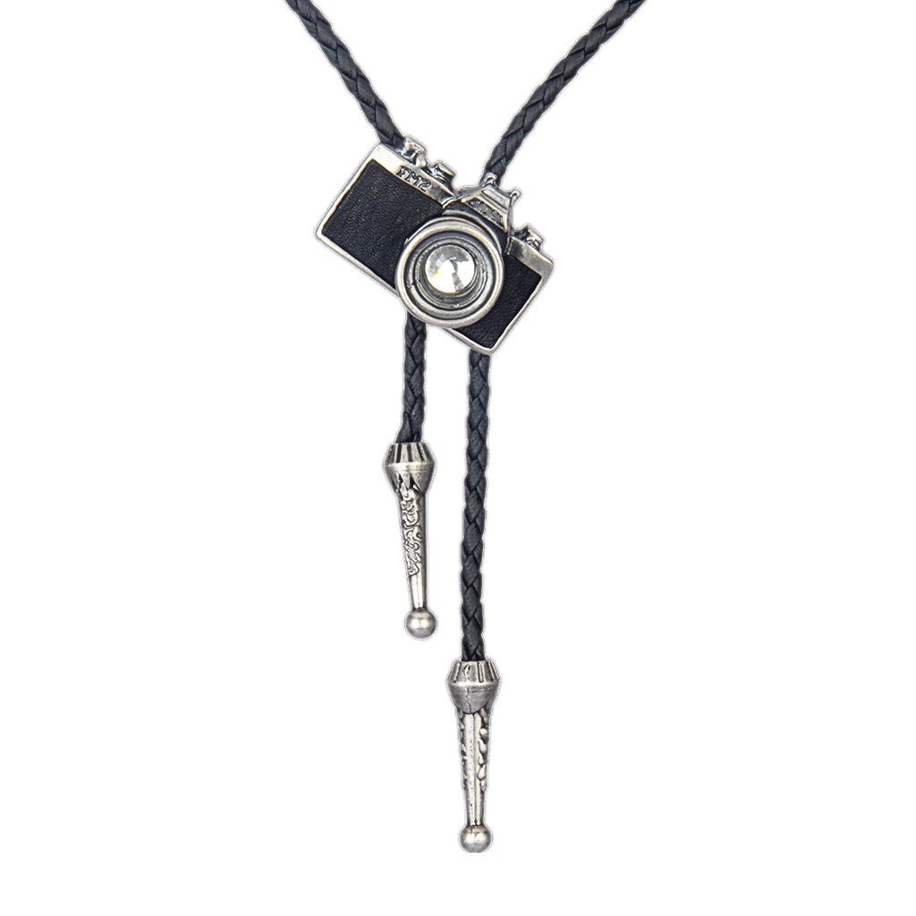 LIANCHI Western Camera Black Bolo Tie for Men and Women,Native American Leather Bolo Tie String (Silver)
