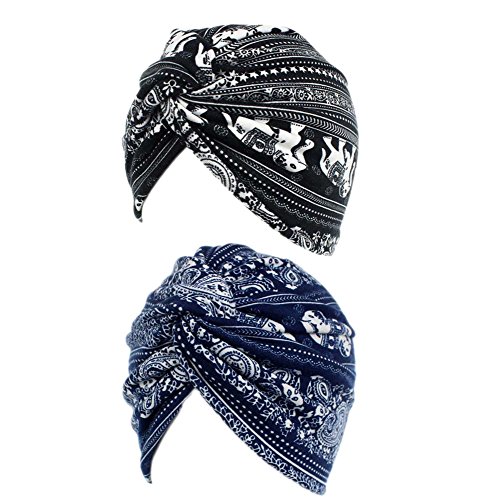 Decou Elephant Printed Twist Pleated Hair Wrap Stretch Turban E234 (Navy)