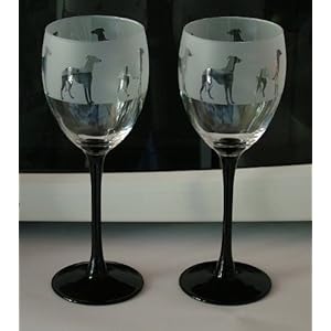 Greyhound dog gift black stem wine glasses