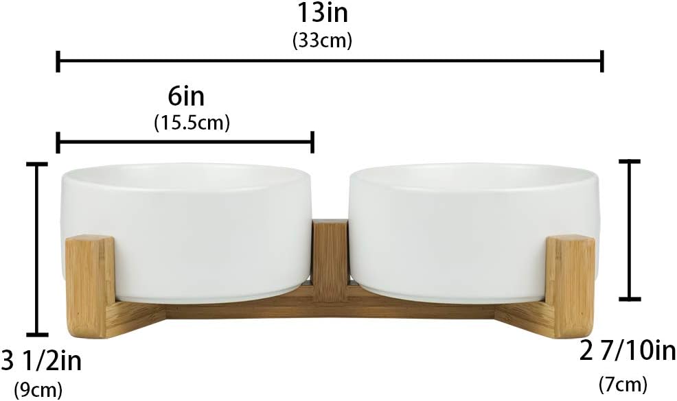 HCHLQLZ White Ceramic Cat Bowl with Wood Stand No Spill Pet Food Water ...