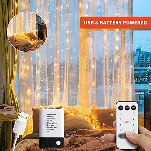MZD8391 Warm White Curtain Lights with Timer and Dimmer, 9.8 X 9.8ft 300 LED Starry Fairy Lights for Wedding, Bedroom, Bed Canopy, Garden, Patio, Outdoor Indoor (USB & Battery Powered)