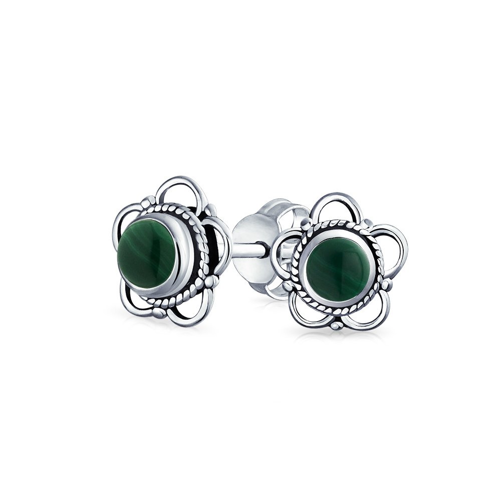 Bali Style Tiny Round Open Flower Forest Green Malachite Stone Stud Earrings For Women Oxidized .925 Sterling Silver — image 1