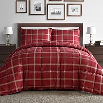 Comfy Bedding Red Plaid Down Alternative 3-piece Comforter Set (Red, Queen)