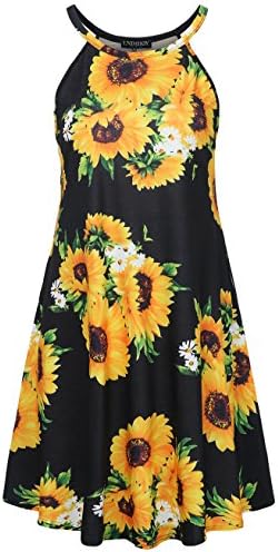 LAMISYE Summer Scoop Neck Flower Printed Sleeveless Casual Mini Dress with Pocket for Juniors Medium Black