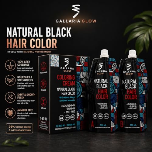 GALLARIAGLOW DyeGlow Hair Color Cream – Natural Black | Ammonia-Free & Non-Allergic Hair Dye | Nourishing & Anti-Aging Formula | 1000ml (500ml + 500ml)