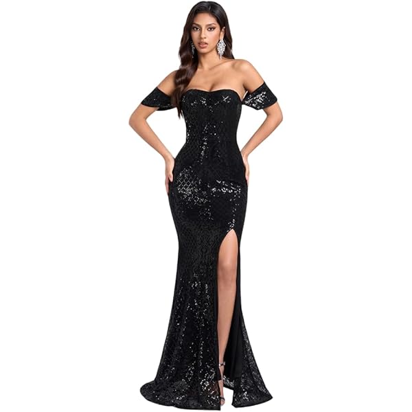 blue dress for baby girl Feather-Skirt Off-Shoulder Long Prom Dress C1106 Black / 2 main image 0