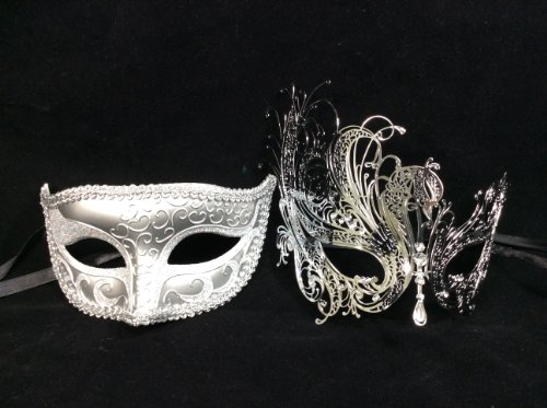 His & Hers Masquerade Couples Venetian Design Masks - 2 Piece Silver Colored Set - Perfect Couple Mardi Gras Long Swan Party Halloween Ball Prom by Unknown